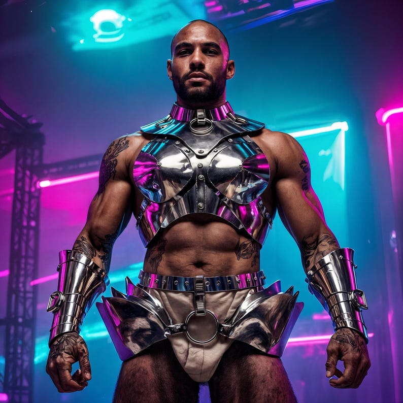 May include: A person wearing a futuristic silver metal chest plate, arm cuffs, and a belt with a matching skirt. The outfit has a reflective, polished finish. The background features neon pink and blue lighting.