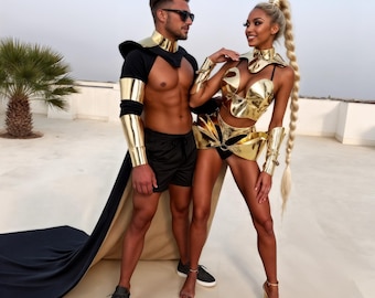 Set di costumi per coppie da festival - Abiti futuristici per uomo e donna, costume in pelle dorata, abbigliamento Burning Man, armatura metallica da rave