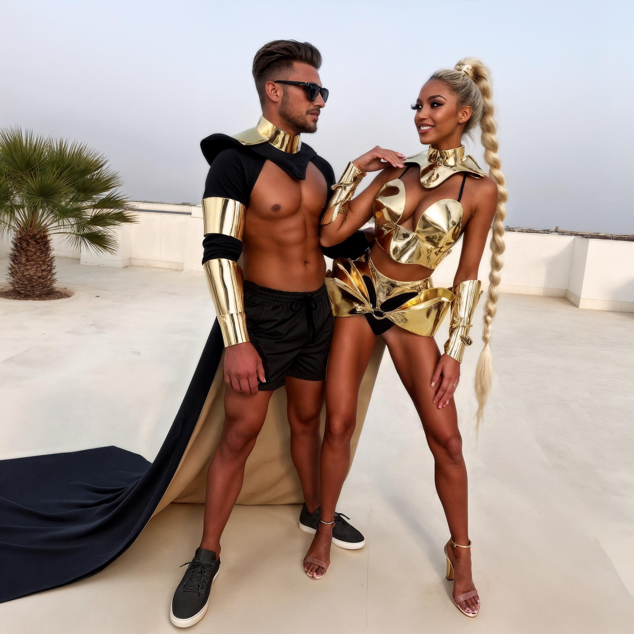 Festival Couple Costume Set - Futuristic Outfits for Men & Women, Golden Leather Costume, Burning man Wear, Metallic Rave Armor