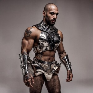 May include: A silver-colored metal chest and arm armor set with a matching belt and shorts. The armor has a reflective surface and is worn by a person with tattoos.