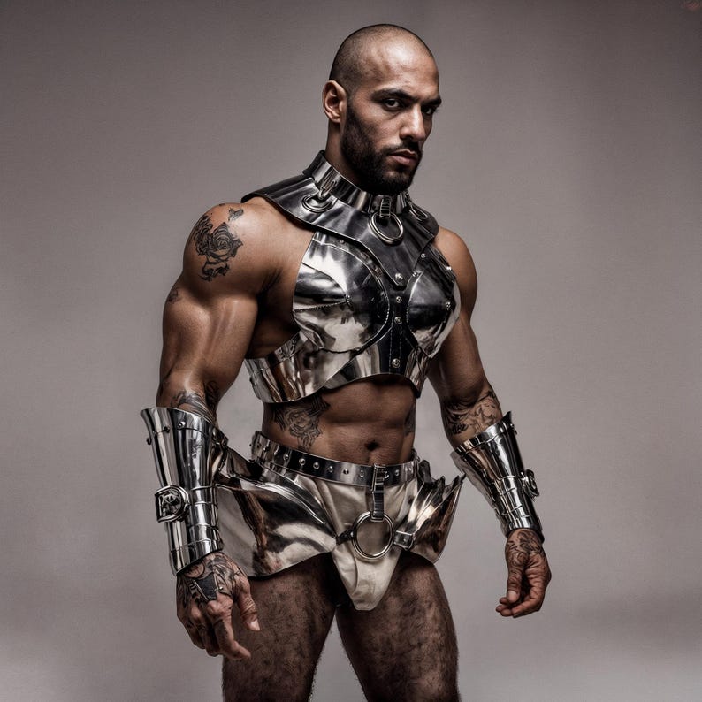 May include: A silver-colored metal chest and arm armor set with a matching belt and shorts. The armor has a reflective surface and is worn by a person with tattoos.