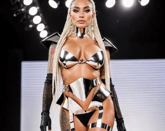 Krom scenrustning underklädesset - Burlesk modeoutfit, futuristisk dragqueen-kostym, kändiskläder, showgirl-kostym