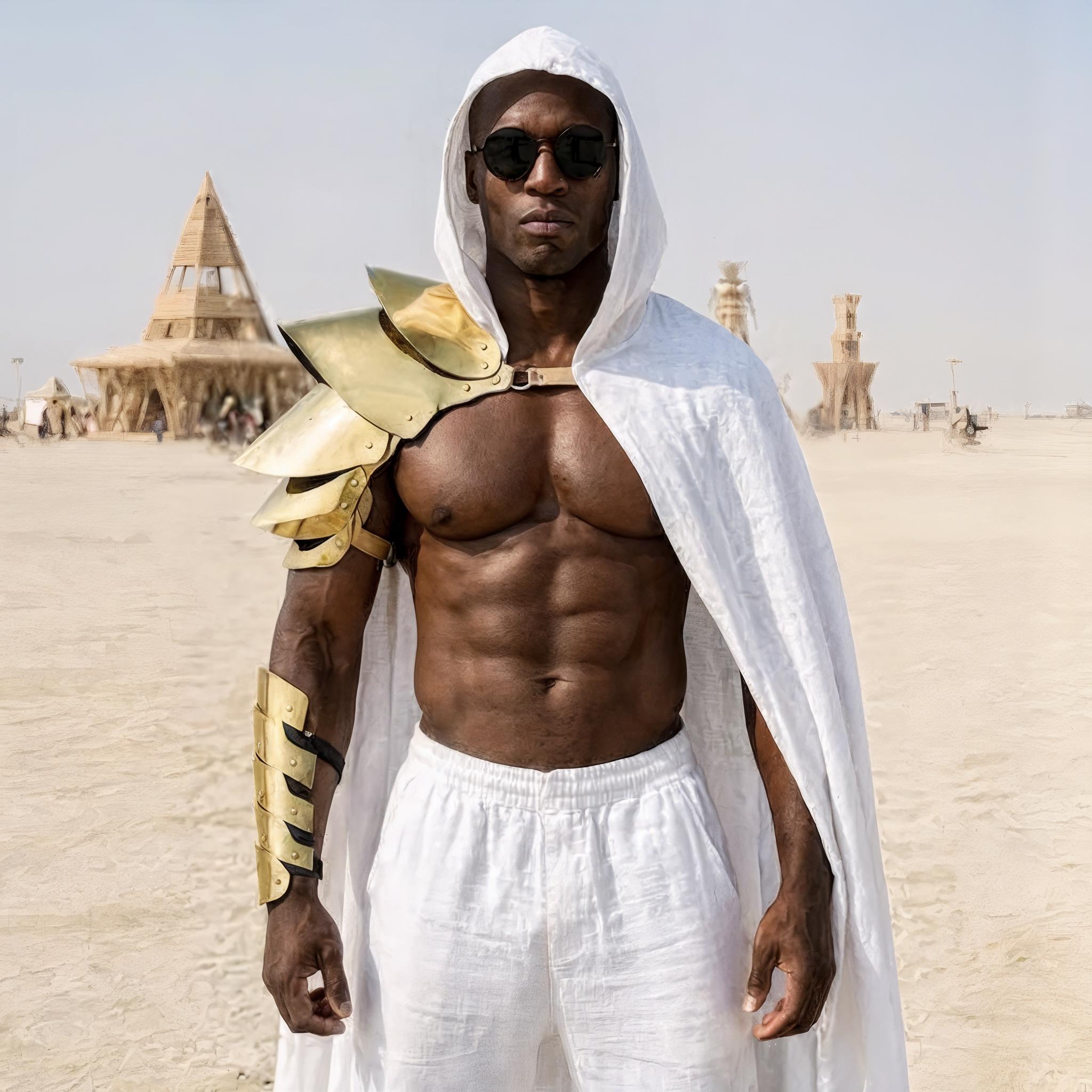 Desert Warrior Men's Costume – Burning Man Gold Armor Outfit, Steampunk Leather Shoulders & Arm, Futuristic Dune Wear