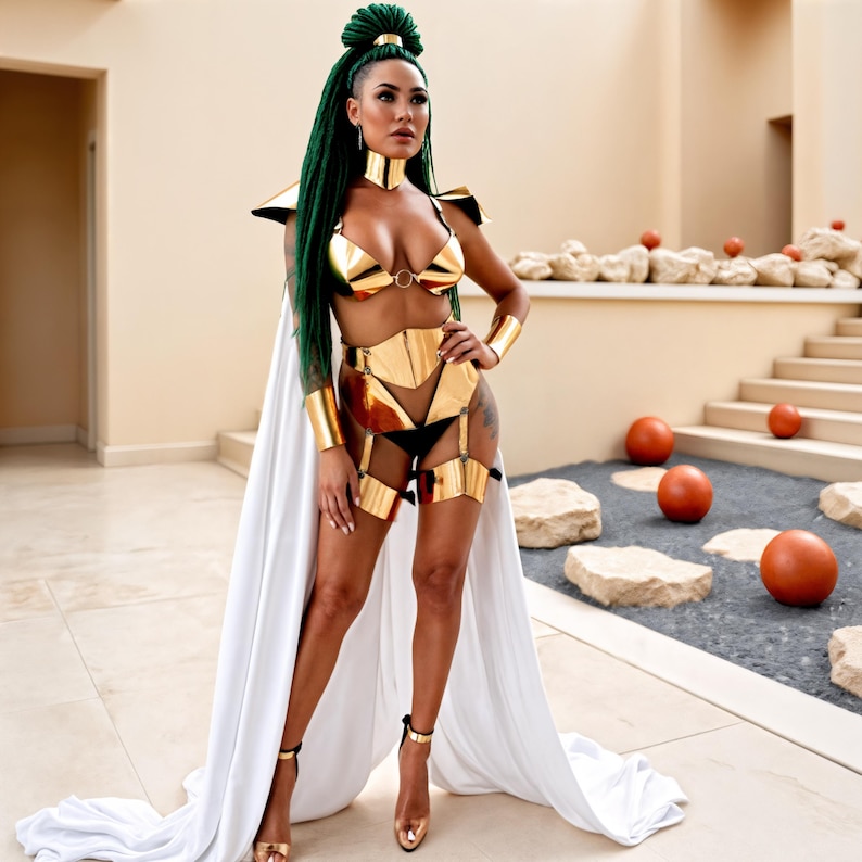 K&ouml;nnte beinhalten: Eine Frau in einem goldfarbenen Kost&uuml;m mit wei&szlig;em Umhang und gr&uuml;nen Haaren. Das Kost&uuml;m umfasst ein Oberteil, einen Rock und Armb&auml;nder. Sie tr&auml;gt goldene High Heels. Der Hintergrund zeigt ein modernes architektonisches Design mit Steinakzenten.