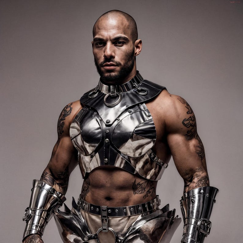 May include: A silver-colored metal chest and arm armor set with a matching collar. The armor is riveted together and features a harness-style design. The person in the image has tattoos on their arms and chest.