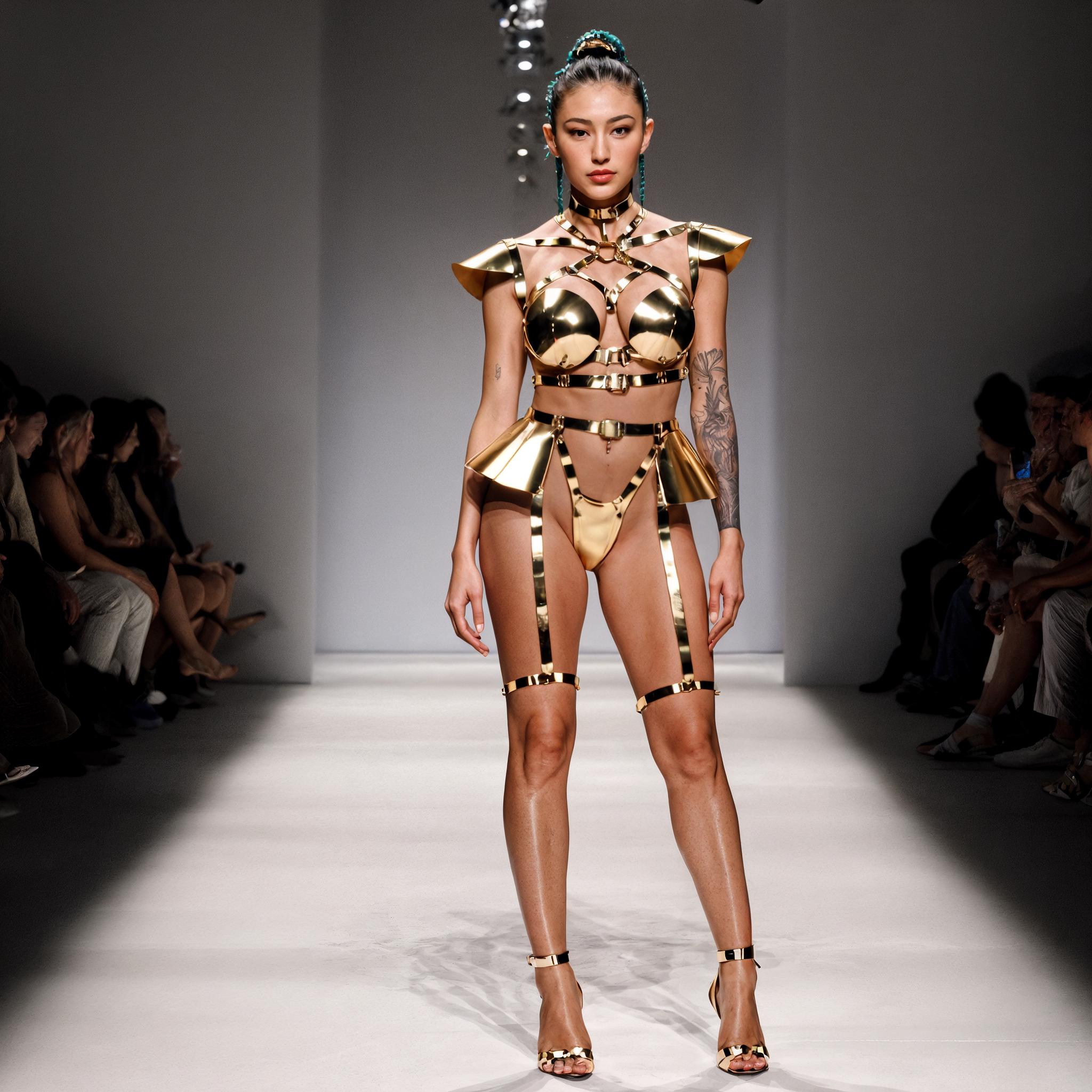 Gorgeus Gold Costume Set, Mirror Leather Top Shoulders Basque Garters, Metallic Fashion Harness, Pole Dance Wear, Unique Burlesque Clothing