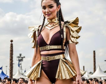 Miglior armatura da festival: spalle e gonna in pelle, imbracatura metallizzata dorata, armatura da rave, abbigliamento Burning Man, accessori per festival