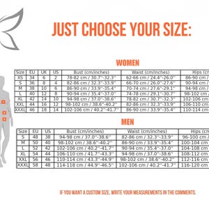 Puede incluir: Tabla de tallas de ropa para mujer y hombre, con medidas de busto, cintura y cadera en cm y pulgadas. Incluye tallas UE, Reino Unido y EE. UU. Texto: "JUST CHOOSE YOUR SIZE:"