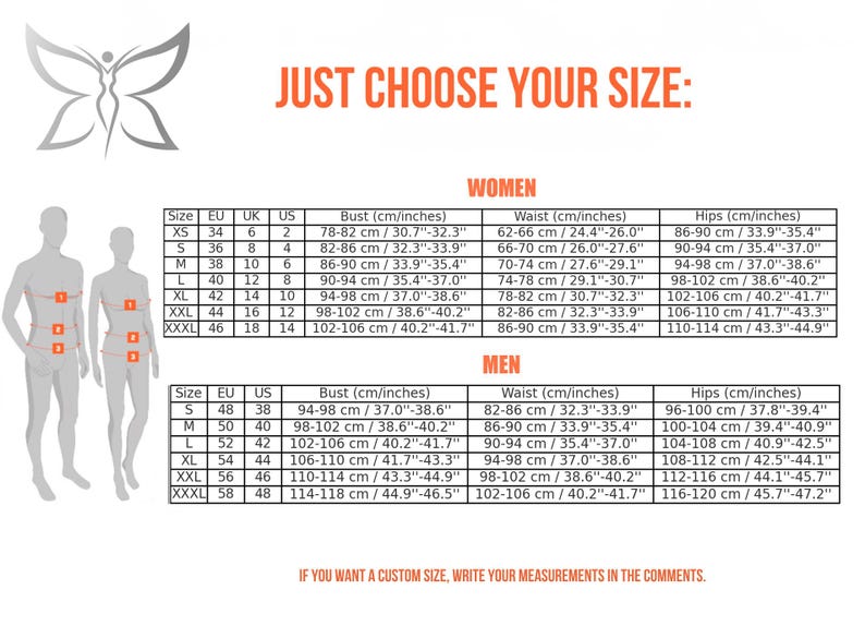 Puede incluir: Tabla de tallas de ropa para mujer y hombre, con medidas de busto, cintura y cadera en cm y pulgadas. Incluye tallas UE, Reino Unido y EE. UU. Texto: "JUST CHOOSE YOUR SIZE:"