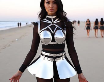 Cosmic Festival Outfit with Top & Skirt, Metallic Harness Set, Rave Wear, Unique Futuristic Harness, Party Outfit, Festival Accessories