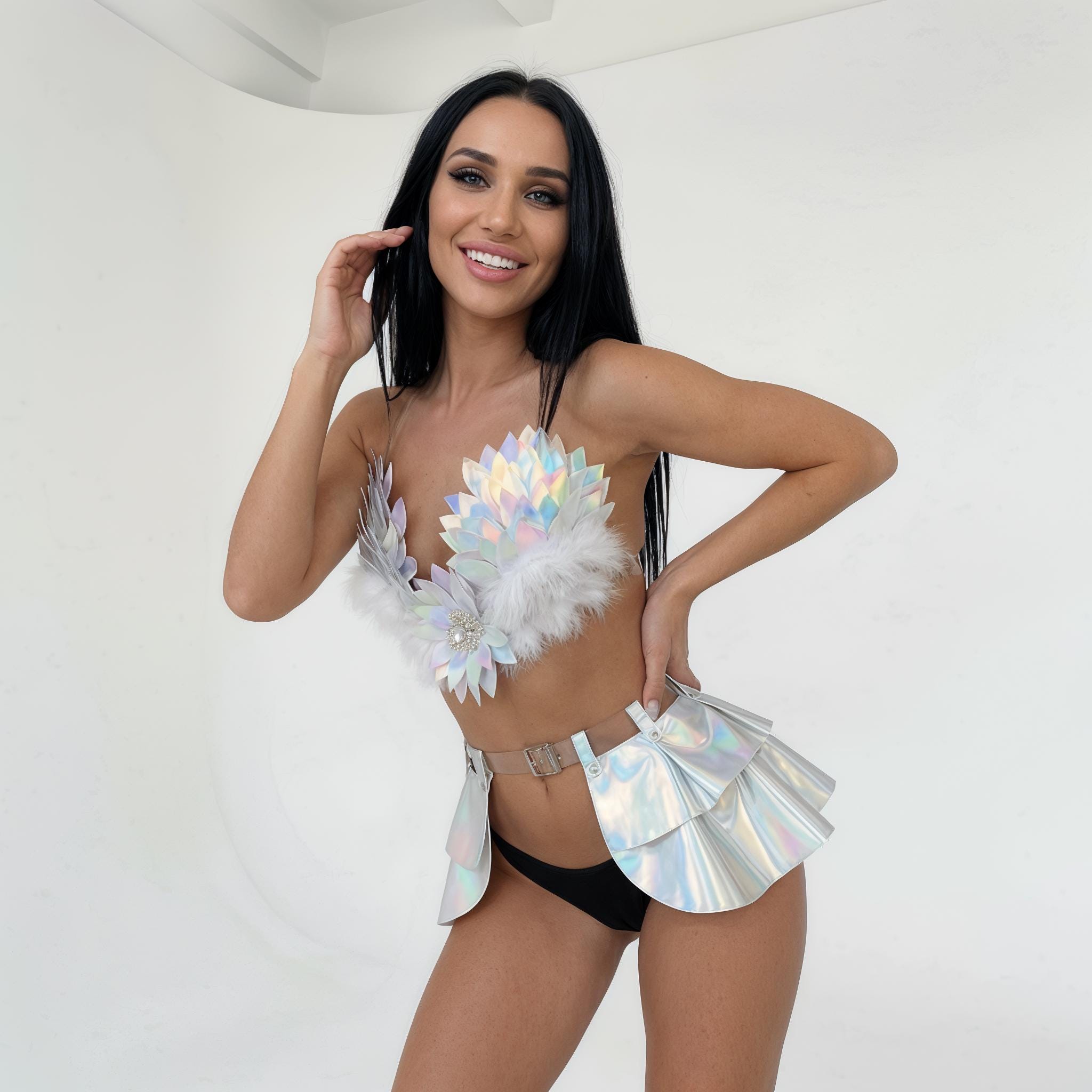 Holographic Feather Festival Outfit, Stage Costume Set