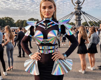 Holographic Festival Outfit with Top-Shoulders & Skirt, Iridescent Costume Set, Rave Wear, Unique Festival Harness, Party Clothing Women
