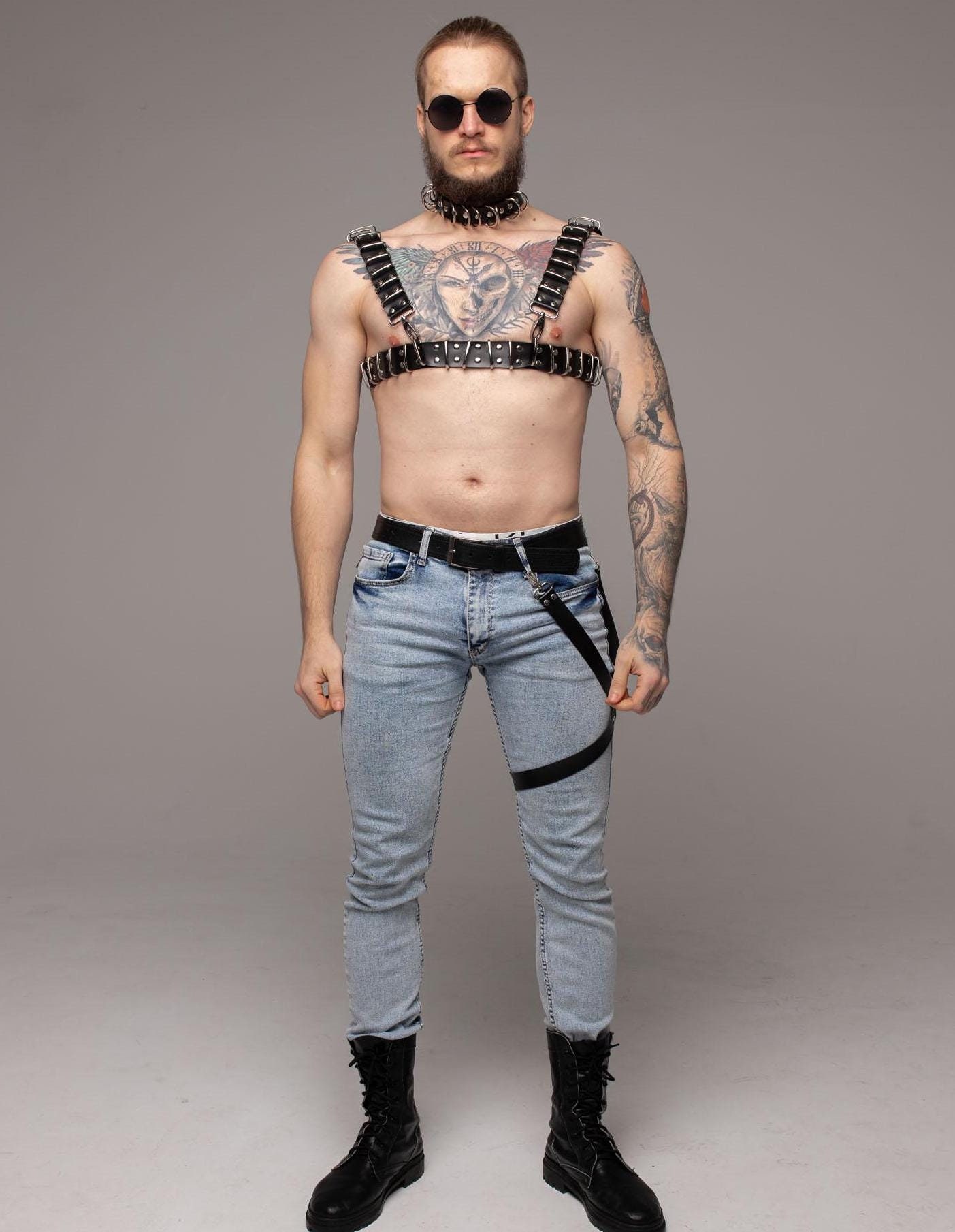 Brutal Leather Harness set Choker Top Harness Leg Garter, Men's Chest Harness, Leather Kinky Wear for Men, Fetish Clothing Male