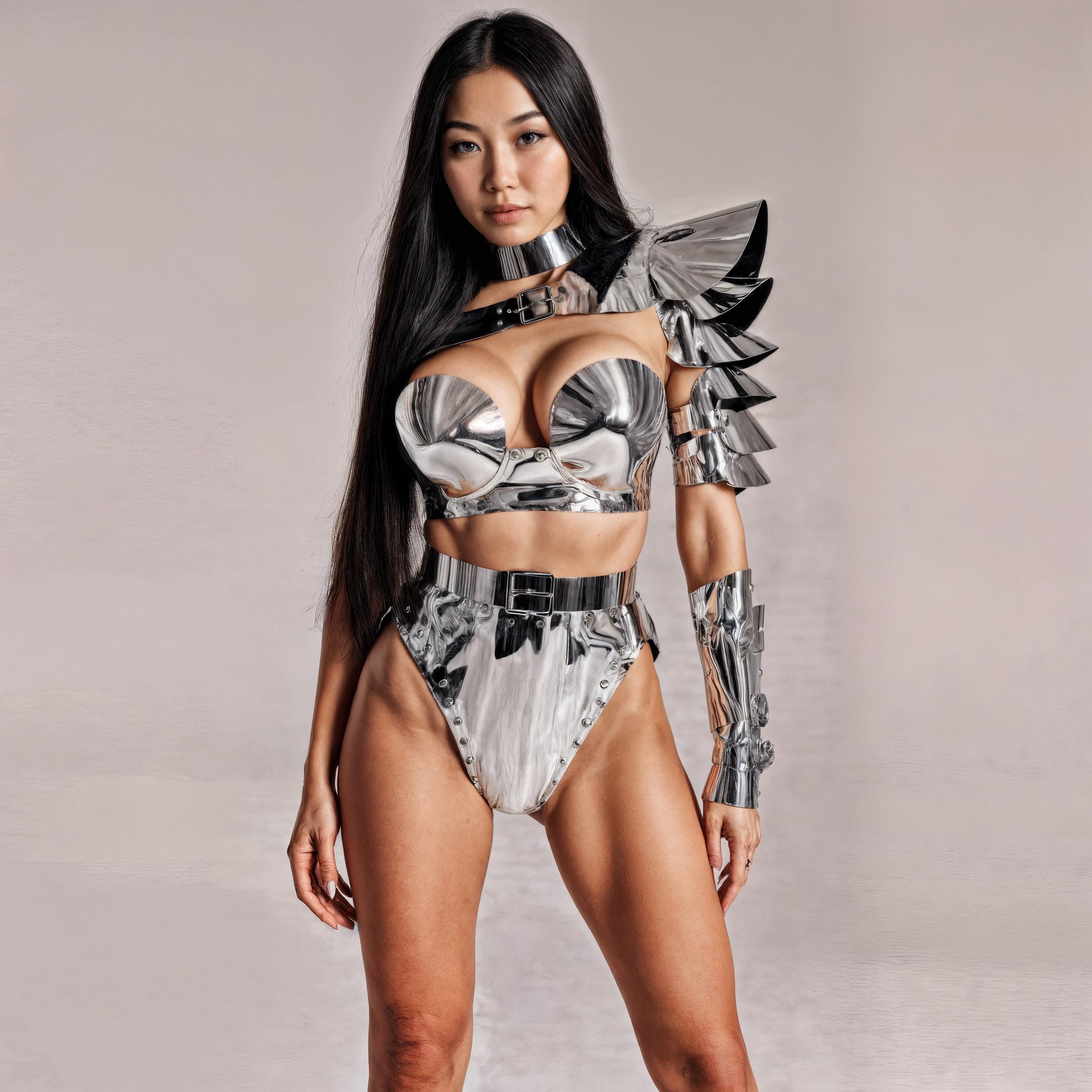 Fashion Warrior Female Armor Costume Set, Metallic Shoulder Top Panties Arms Covers, Silver Futuristic Outfit, Festival Burning man Wear