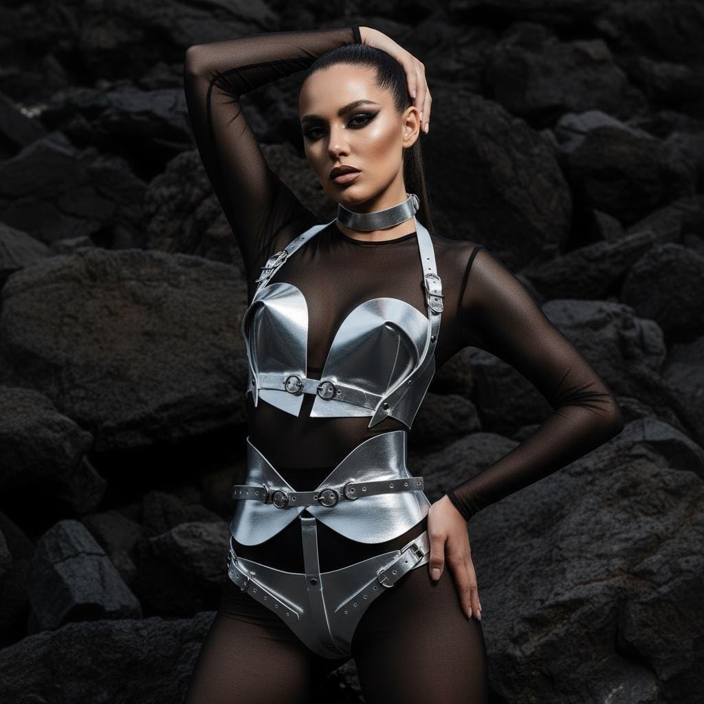 Silver Futuristic Costume Set - Festival Armored Outfit, Metallic Rave Wear, Cosmic Fashion Clothing, Cyber Armor, Chrome Party Wear