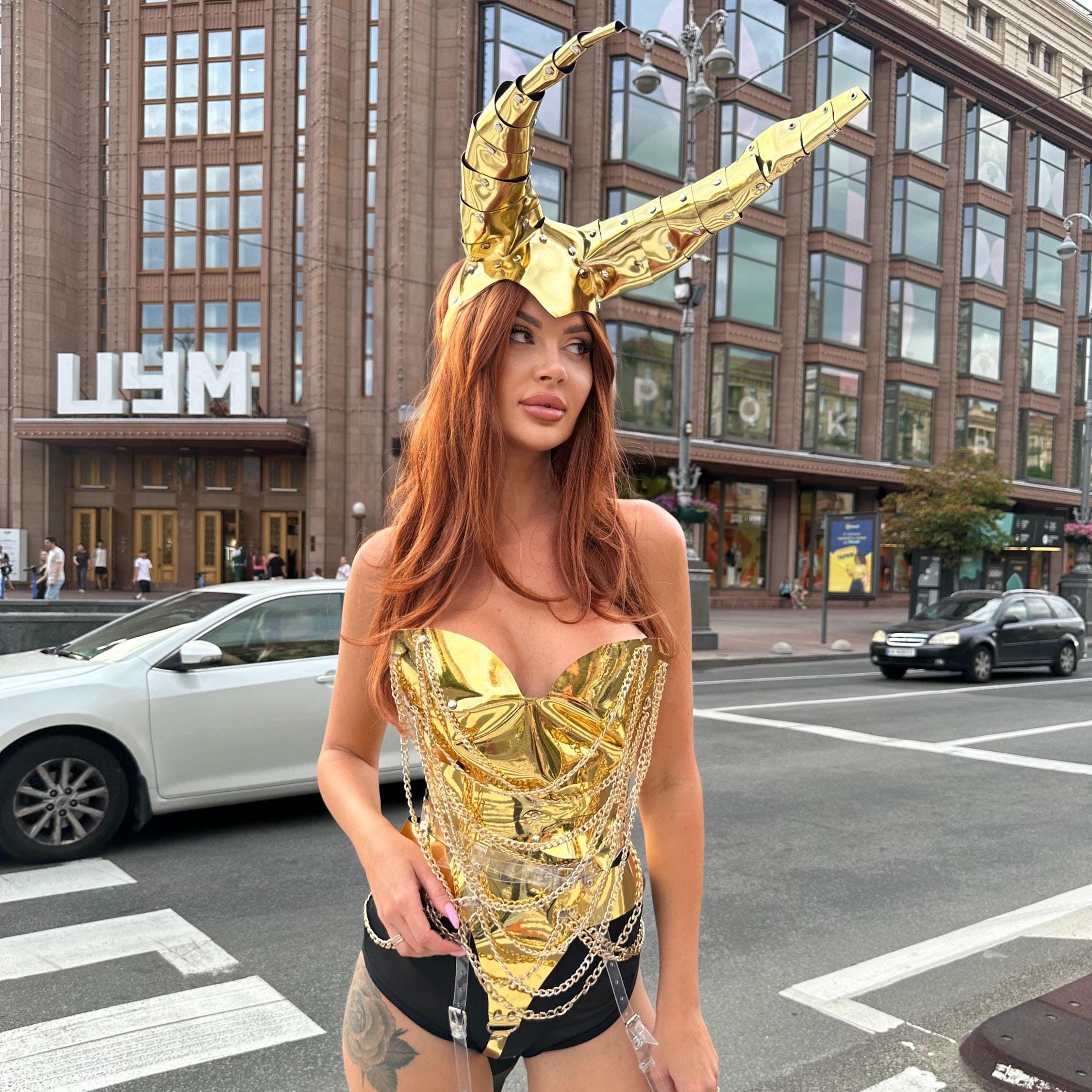 Show Party Costume Set - Bodysuit and Helmet with Horns, Metalic Leg Garters, Gold Body Chain Outfit, Showgirl Cosplay Costume