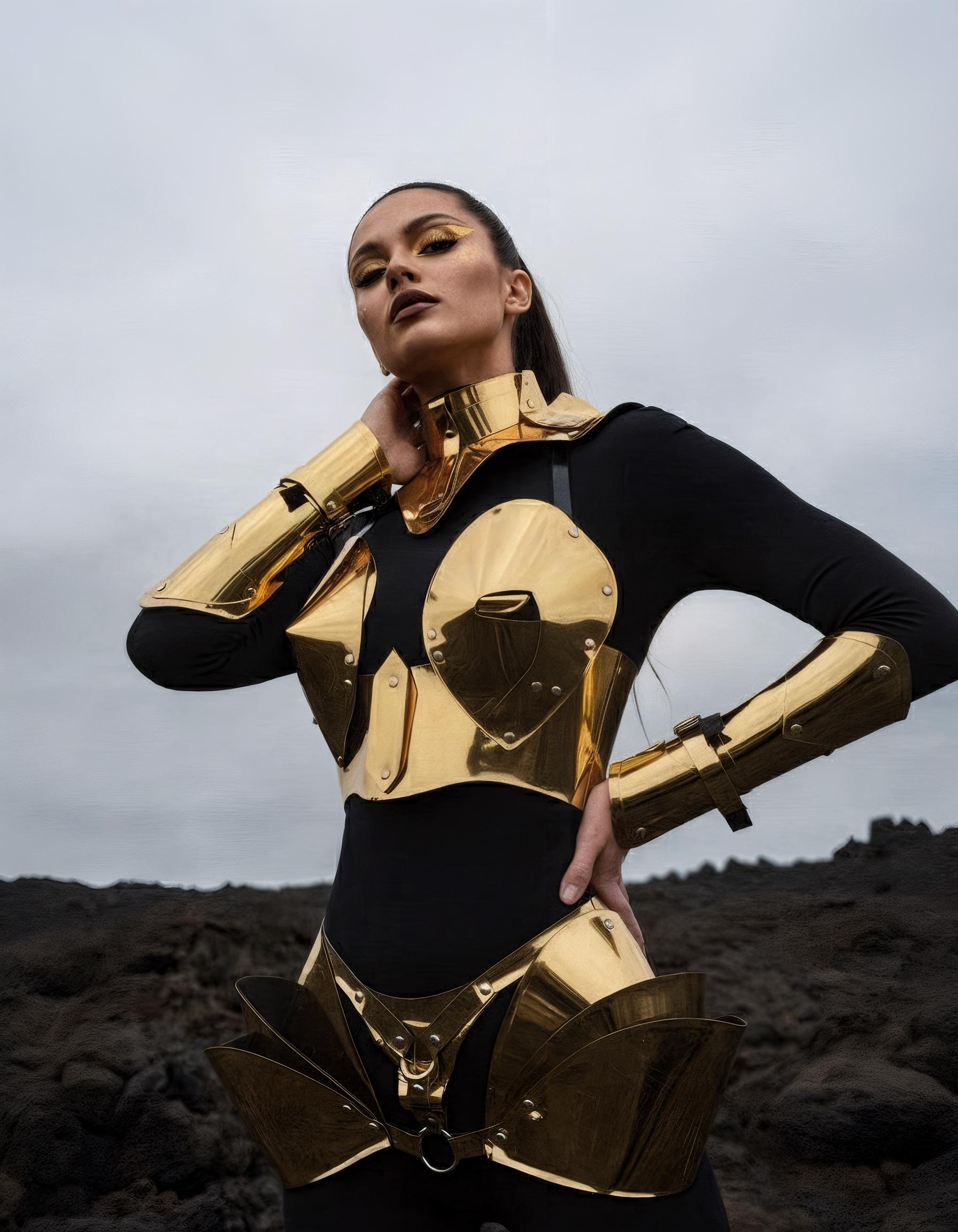 Space-Themed Metallic Clothing Set – Golden Top Skirt Choker and Bracers for Cosmic Cosplay, Futuristic Costume, Gold Robot Outfit