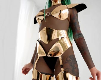 Atuendo de diosa dorada para rave: armadura de festival futurista, conjunto de disfraz de extraterrestre, lencería metálica para el estilo cósmico de Burning Man