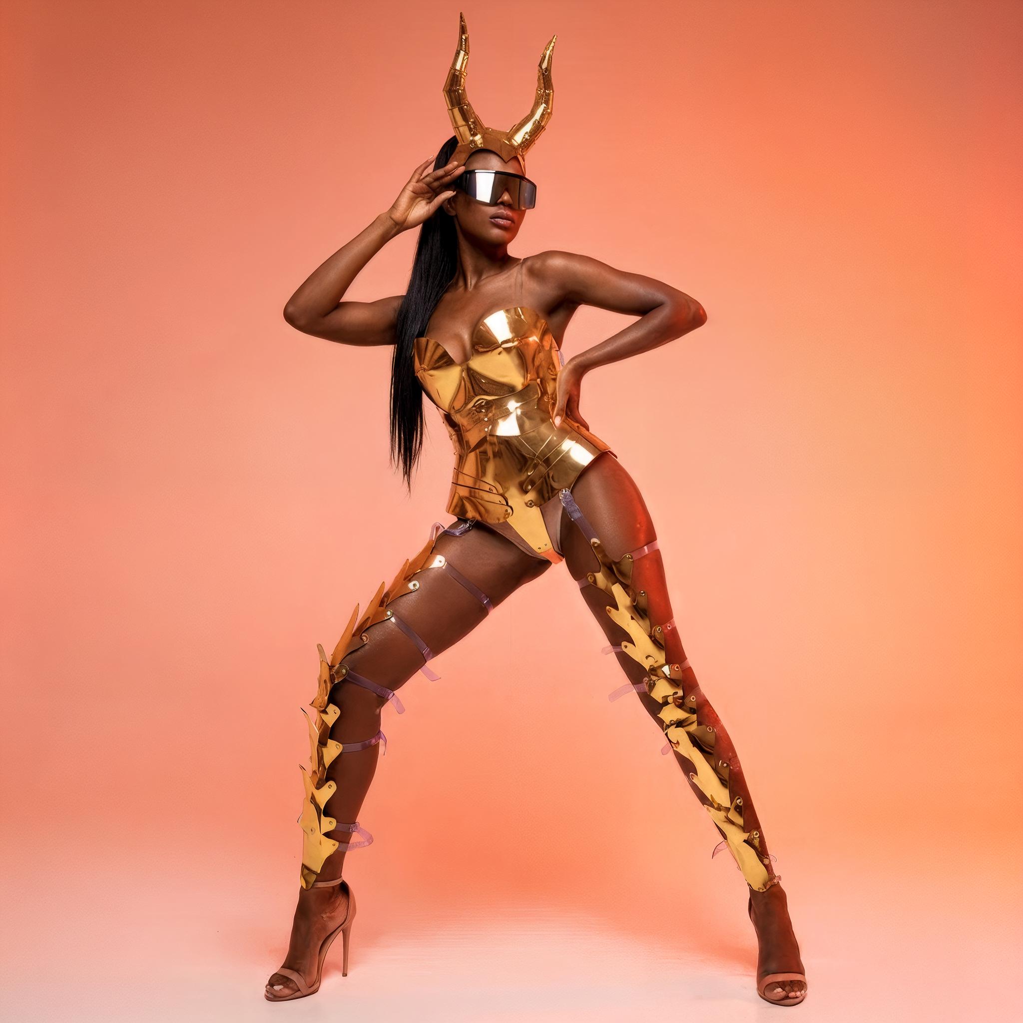 Golden Horns Cosplay Set – Metallic Bodysuit and Leg Covers