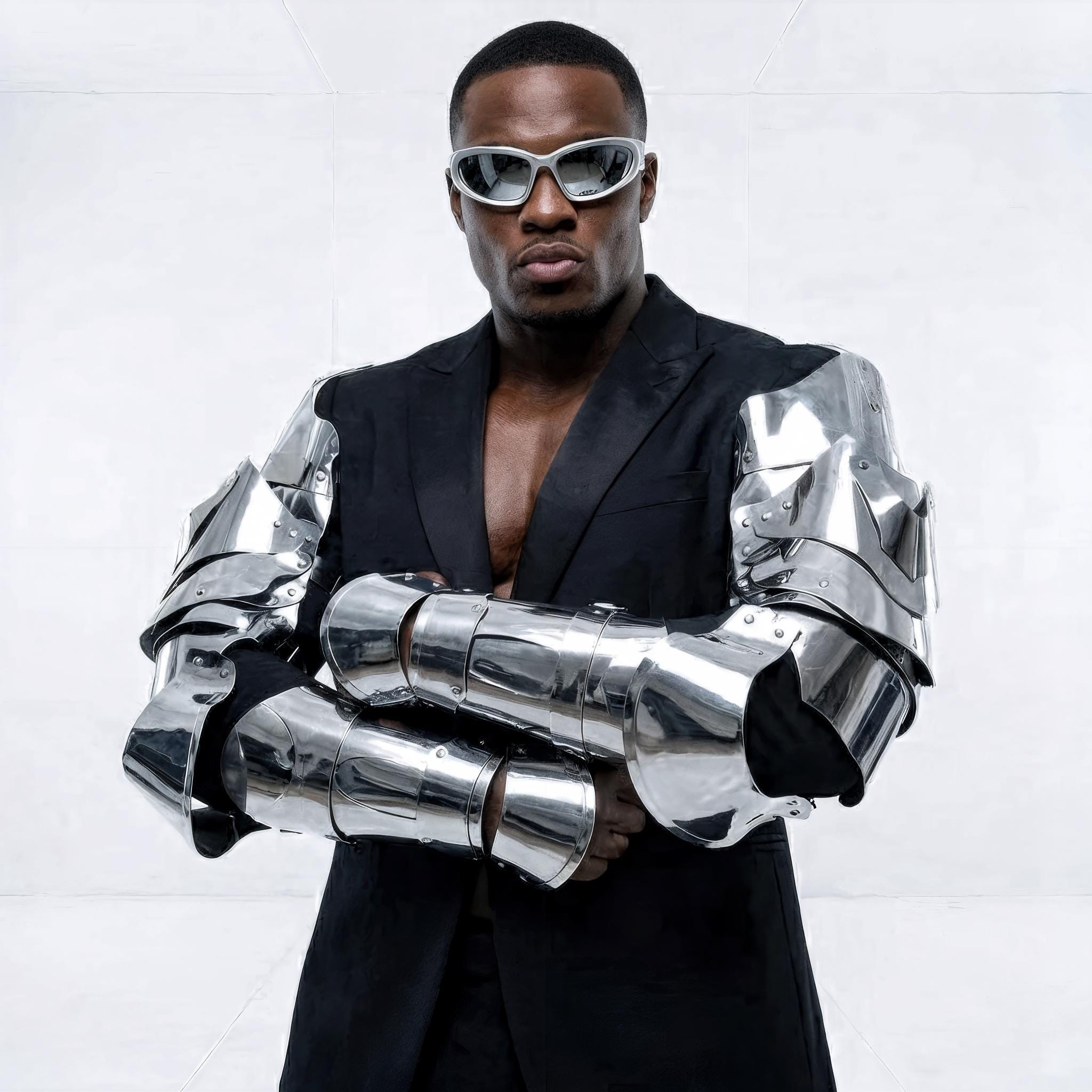 Men's Silver Robot Arm Armor – Futuristic Cyborg Sleeves, Festival Wear