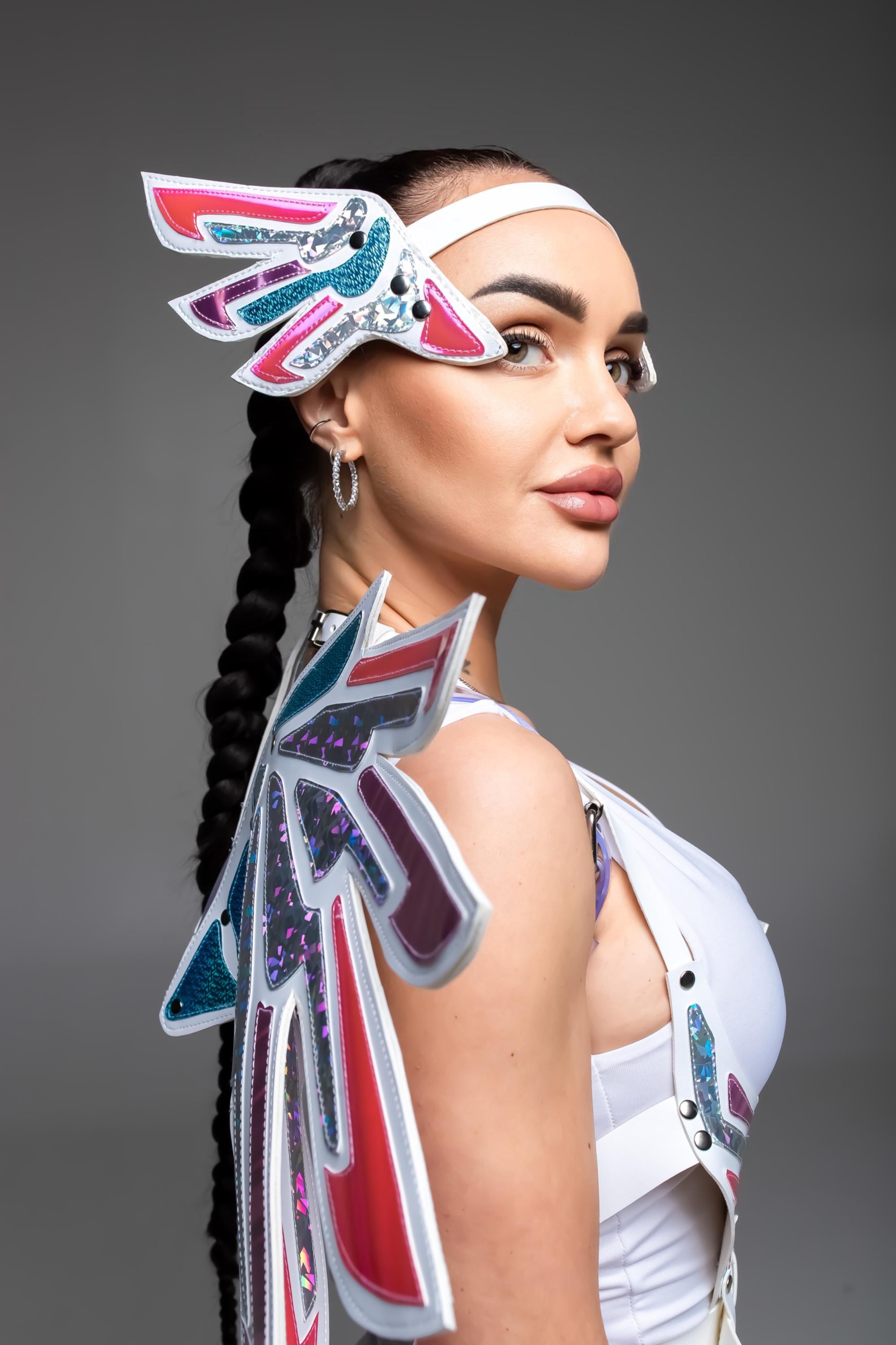 Futuristic Cosplay Headpiece, Festival Headdress, Cyber Punk Wings, Holographic Bodysuit & Leg Covers for Rave Festivals and Burning man