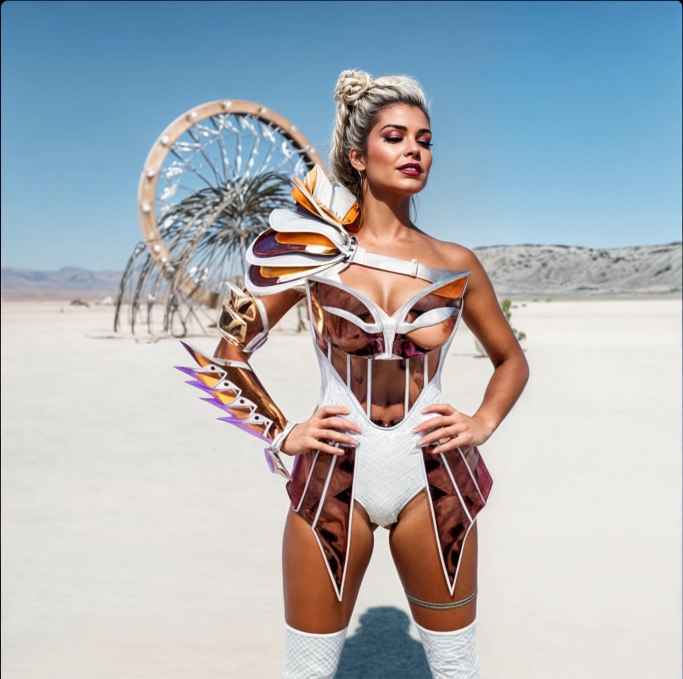 Futuristic Festival Outfit for Burning Man - Shoulder Top Skirt Bracelet, White and Gold Rave Armor Wear