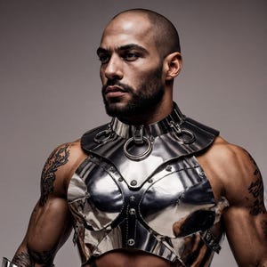 May include: A silver-colored metal chest and neck armor with large circular rings and rivets. The armor is worn by a person with a shaved head and a beard. The background is a solid gray.