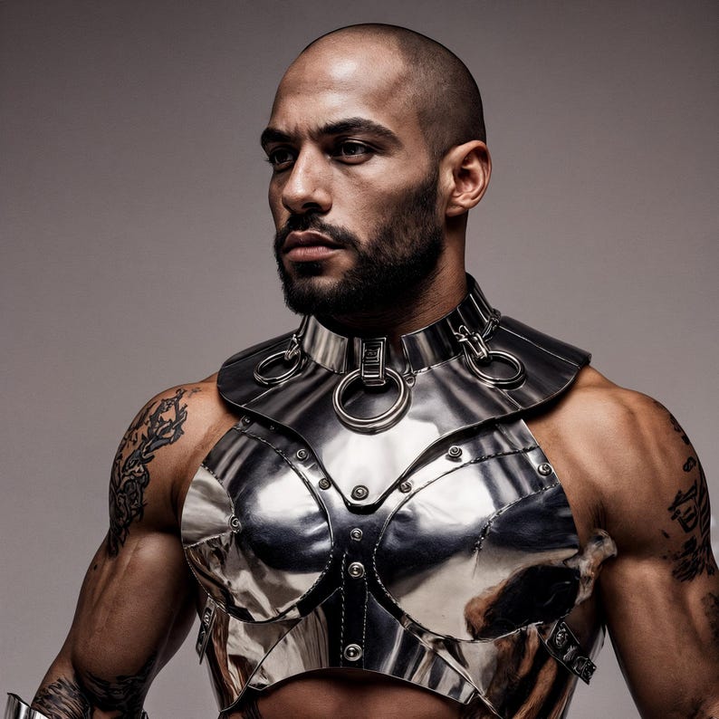 May include: A silver-colored metal chest and neck armor with large circular rings and rivets. The armor is worn by a person with a shaved head and a beard. The background is a solid gray.