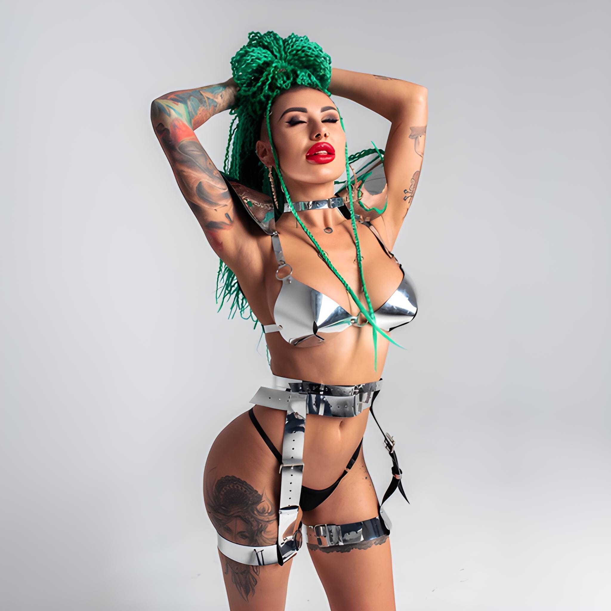 Glaxy Festival Clothes - Metallic Top & Skirt, Silver Costume Set for Rave Wear, Alien Clothes | Unique Futuristic Outfit, Cosmic Clothing