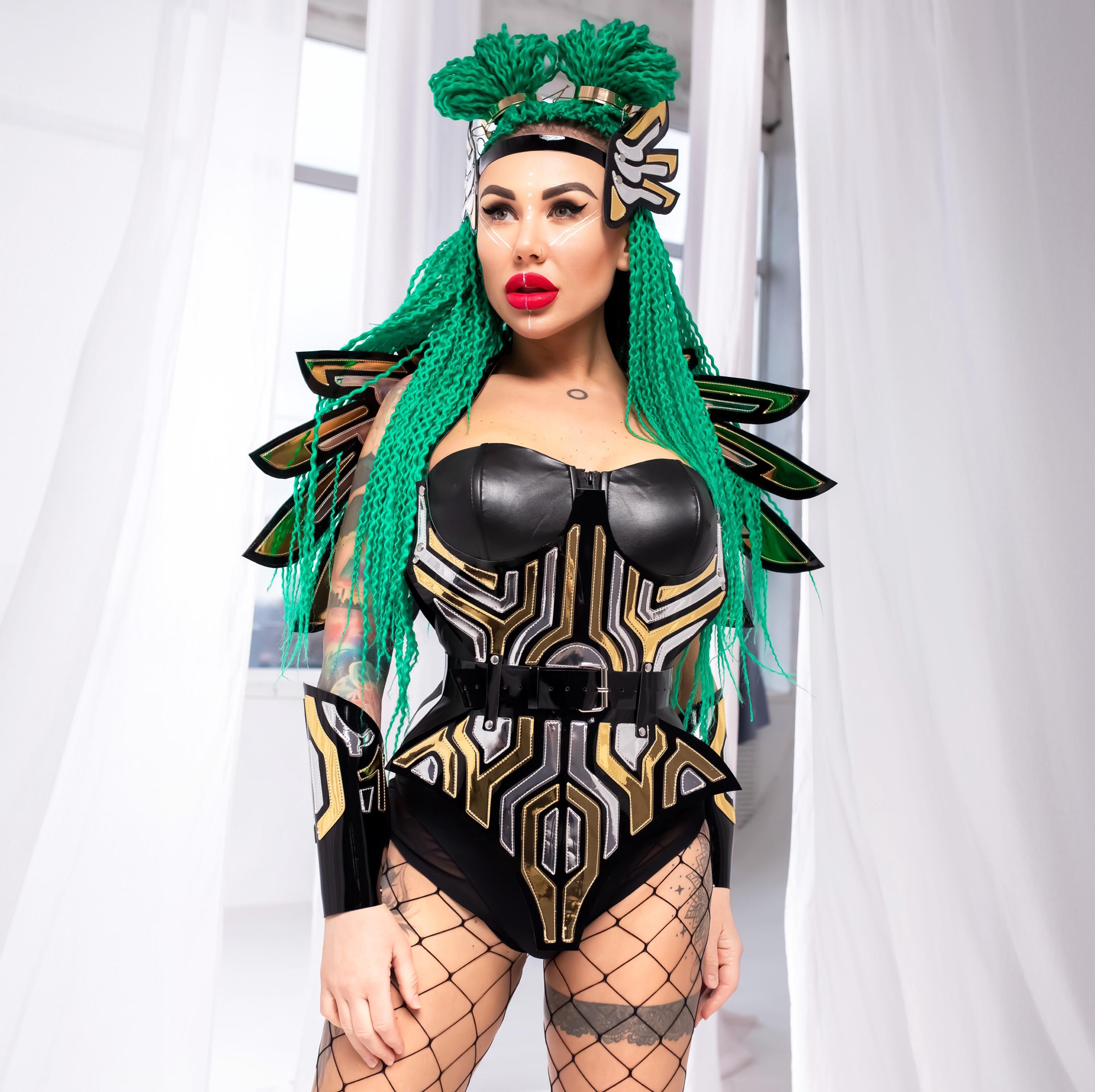 Crypto Warrior Cosplay Costume Set - Headpiece Wings Bodysuit Bracelets Leg Covers, Futuristic Armor Outfit