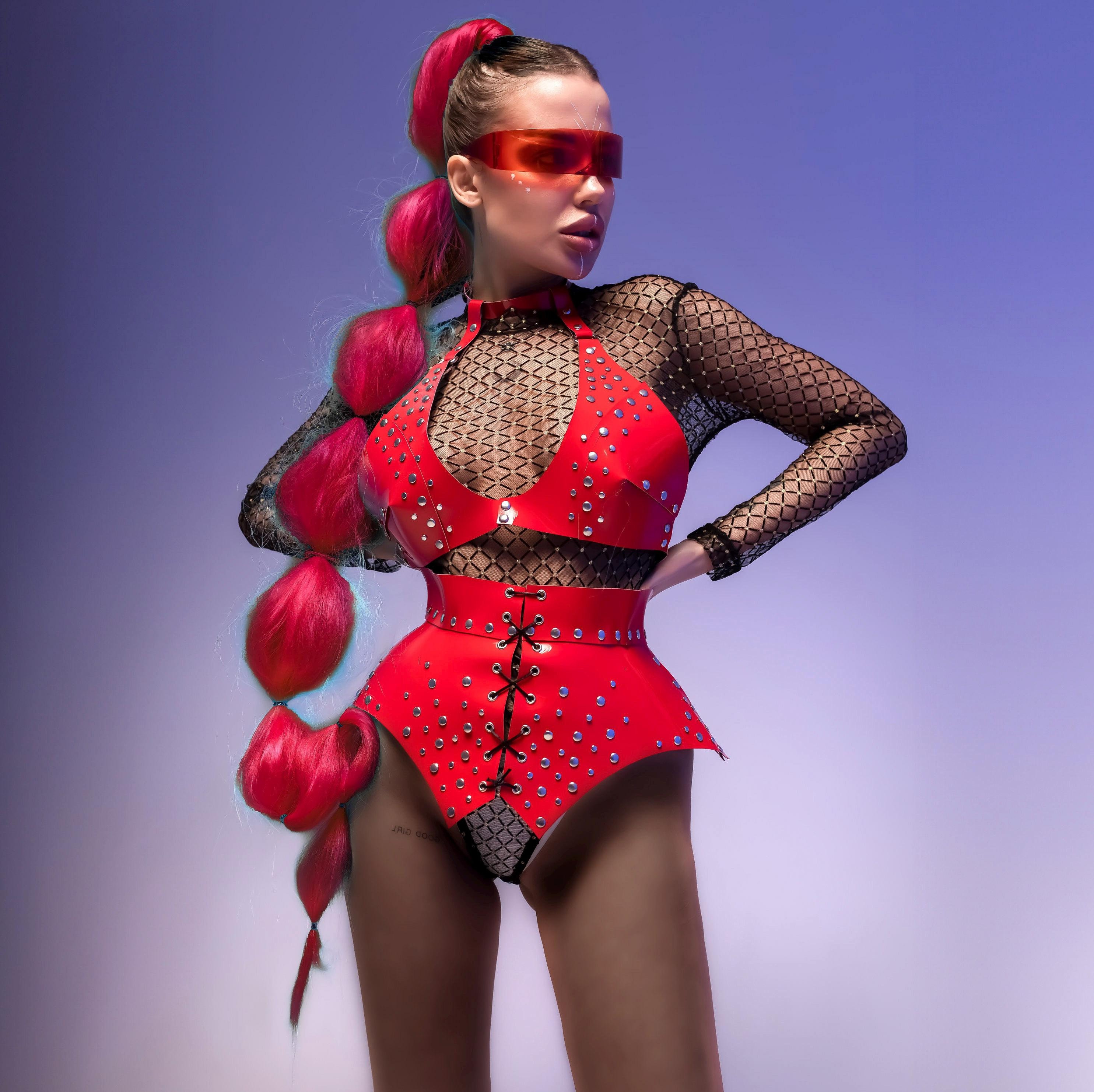 Stage Costume Set "Red Fairy" - Show Party Wear, Performance Dress, Festival Top & Skirt, Futuristic Clothes, Latex Outfit