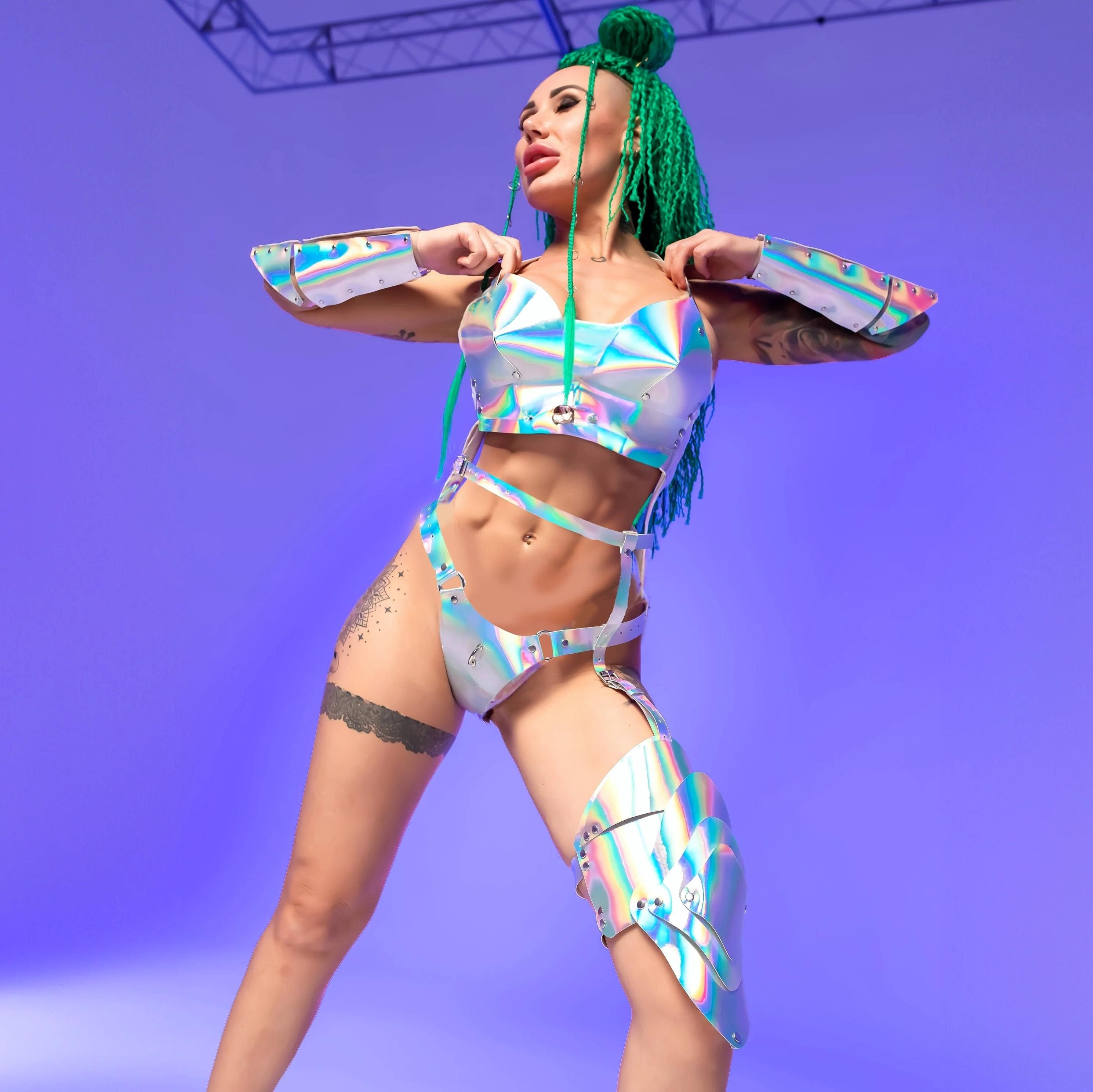 Holographic Armor Costume for Cyber Punk Outfit - Pride Armor Accessories, Futuristic Cosplay Set with Top Panties Leg Covers Bracelets