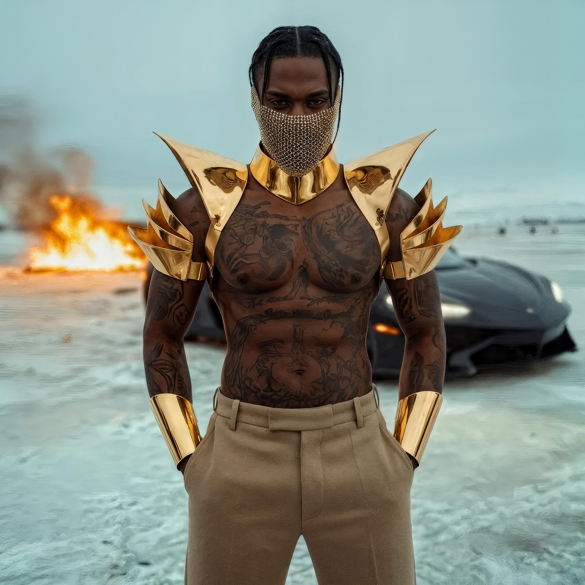 Gold Futuristic Armor Set, Choker Collar, Shoulder Armor and Arm Bracers, Performance Outfit