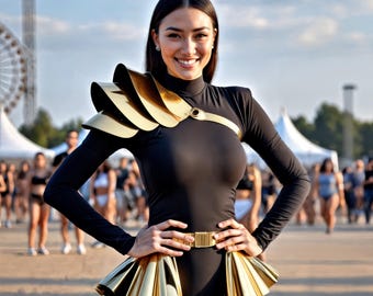 Abito da festival unico con spalle e gonna in pelle dorata, armatura metallica dorata, abbigliamento Burning Man per donna, accessori di lusso per rave