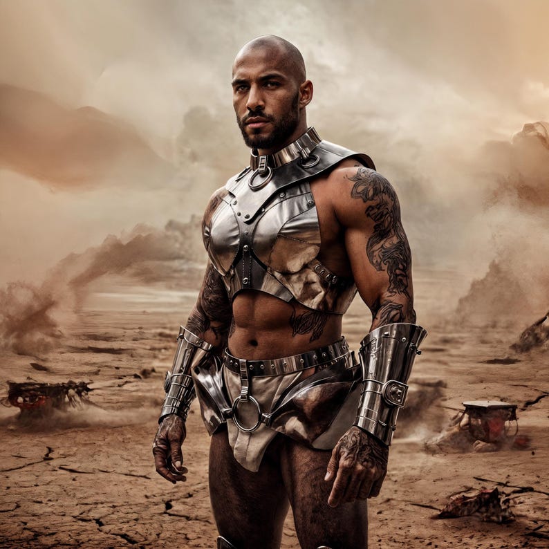 May include: A bald person wearing silver armor with intricate designs, including a chest plate, arm guards, and a belt. The person has tattoos on their arms and is standing in a desert landscape.