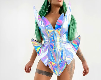 Holographic Spiked Bodysuit – Iridescent Vegan-Leather Stage Outfit, Sculptural Festival & Drag Performance Wear