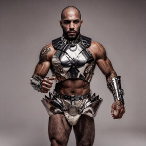 May include: A silver-colored metal chest and waist armor set with matching arm cuffs. The armor has a polished finish and is worn with a white undergarment. The design features a collar and a belt with a large ring.