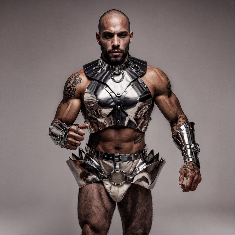 May include: A silver-colored metal chest and waist armor set with matching arm cuffs. The armor has a polished finish and is worn with a white undergarment. The design features a collar and a belt with a large ring.