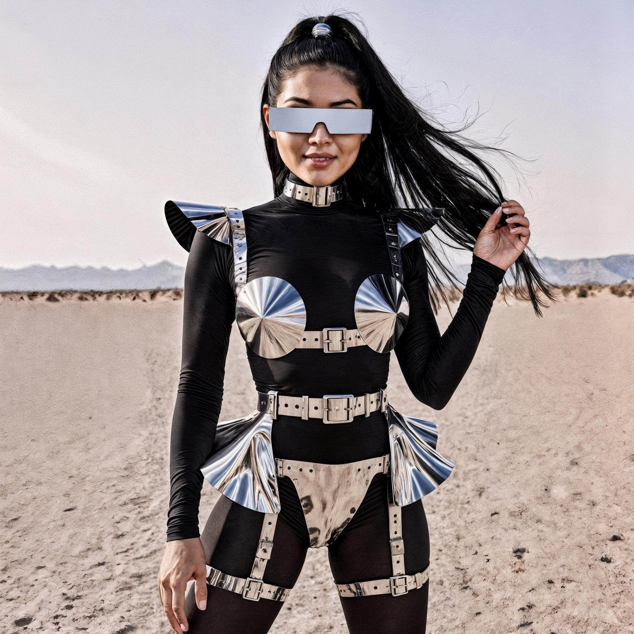 Cosmic Festival Outfit with Top & Skirt, Metallic Costume Set, Party Rave Wear, Unique Futuristic Outfit, Cyber Punk Clothing Accessories
