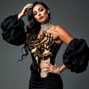 Goldene Overbust Platte, Mode Körper Rüstung, Frauen Brust Korsett, Top Kleid, Acryl Brustplatte, Gespiegelt Bustier, Metallic Korsett Top