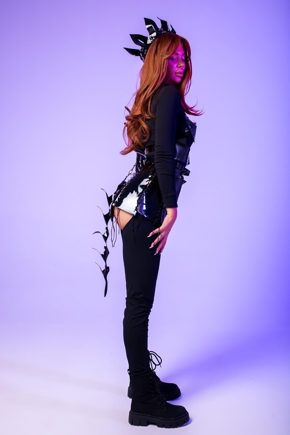 Latex Cosplay Outfit - Black Leather Costume set Crown, Leather Skirt & Top, Spine Tail for Bold Halloween Wear Fentasy Body and Leggings