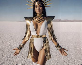 Desert Goddess Costume Set - Fringe Harness Top & Skirt, Gold Festival Wear for Burning Man, EDM Party Look, Futuristic Cleopatra Outfit