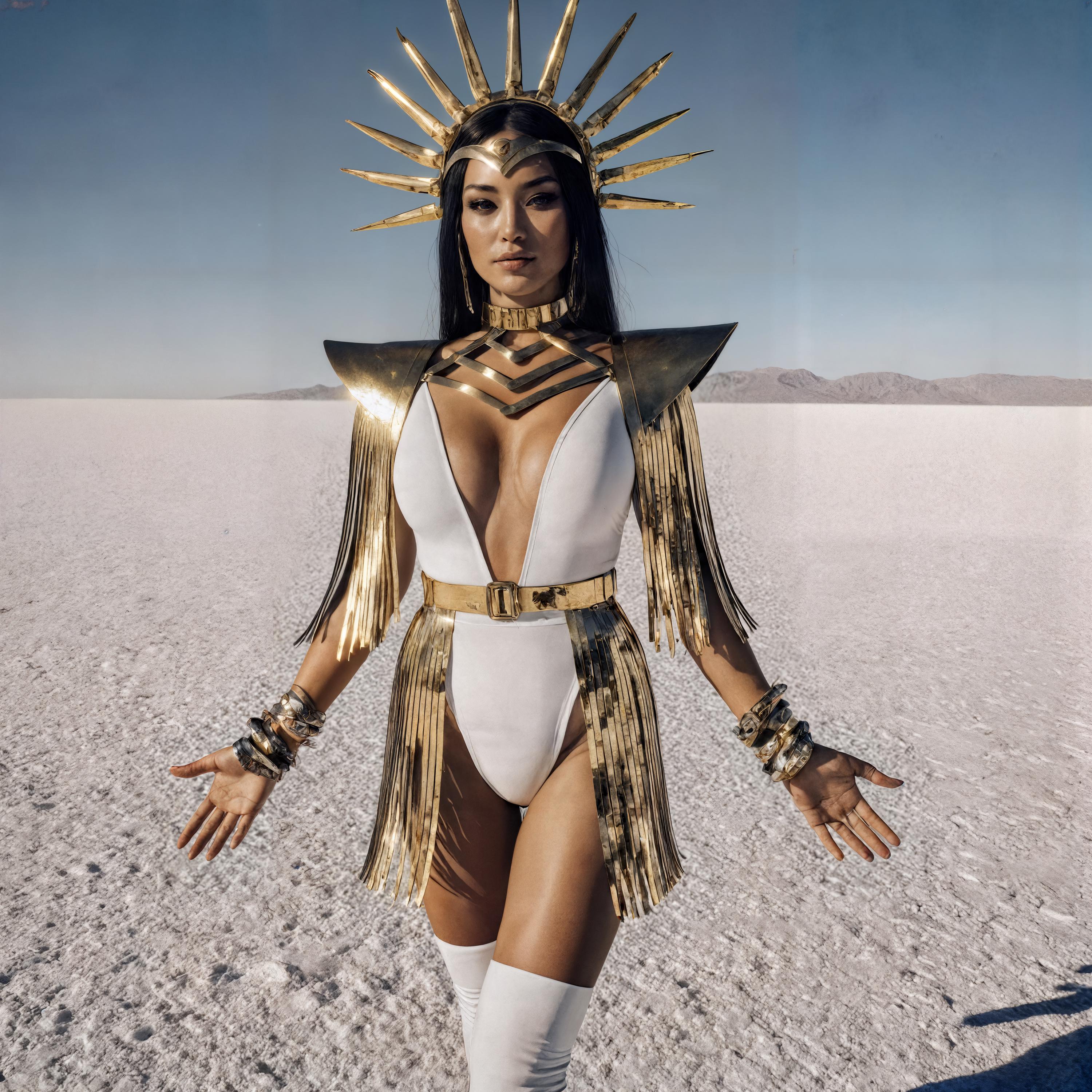 Desert Goddess Costume Set - Fringe Harness Top & Skirt, Gold Festival Wear for Burning Man, EDM Party Look, Futuristic Cleopatra Outfit