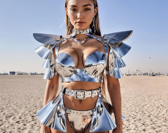 Metallic Festival Armor Outfit, Silver Metallic Harness, Rave Armor Wear, Burning man Clothing, Chrome Female Warrior, Cosplay Accessories