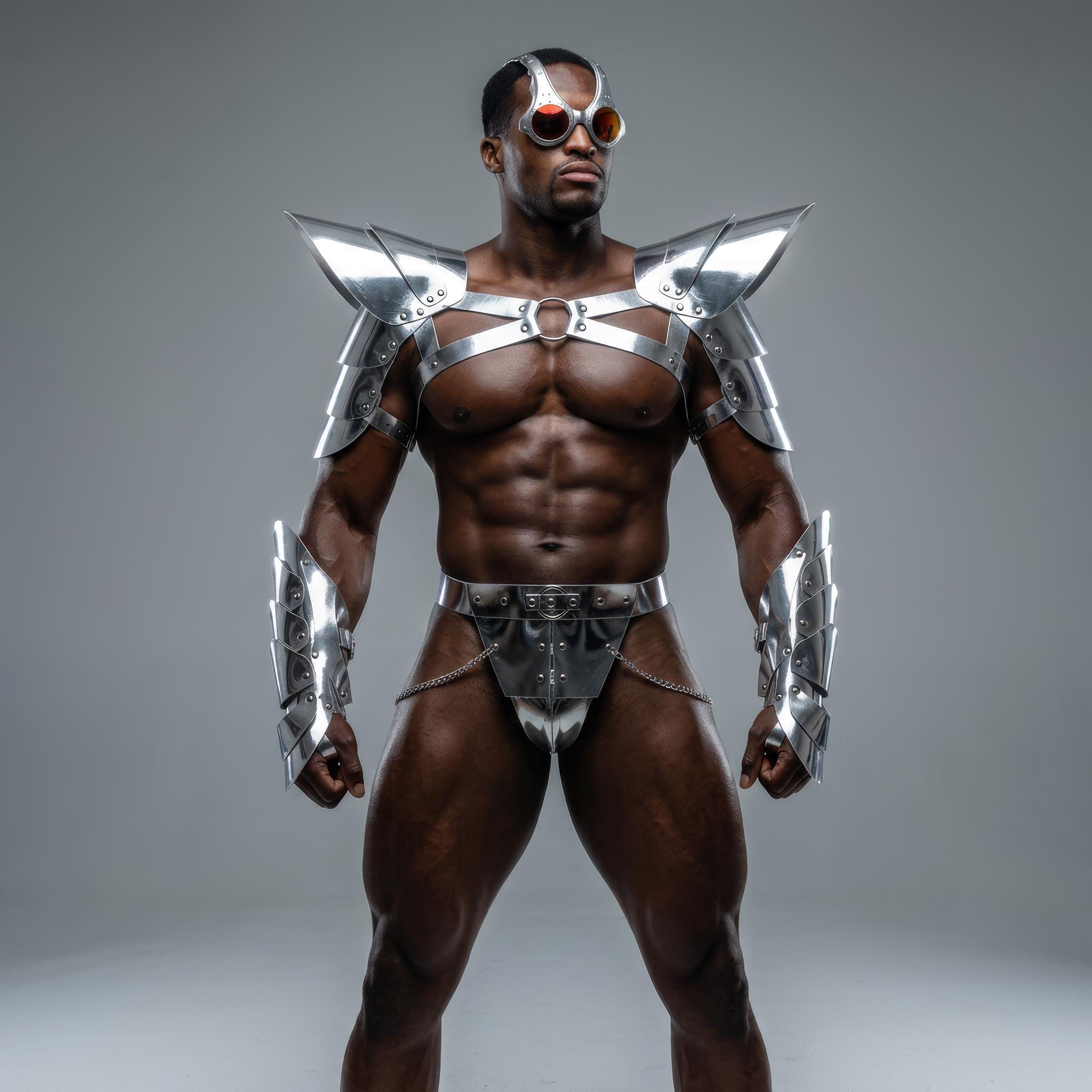 Silver Futuristic Armor Set, Shoulder Pauldrons, Arm Bracers, Chain Belt, Festival Stage Costume