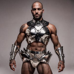 May include: A silver and black metal chest and waist armor set with matching arm cuffs. The armor has a reflective, polished finish and is adorned with circular rings. The model is bald and has tattoos on their arms.