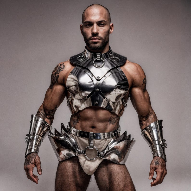 May include: A silver and black metal chest and waist armor set with matching arm cuffs. The armor has a reflective, polished finish and is adorned with circular rings. The model is bald and has tattoos on their arms.