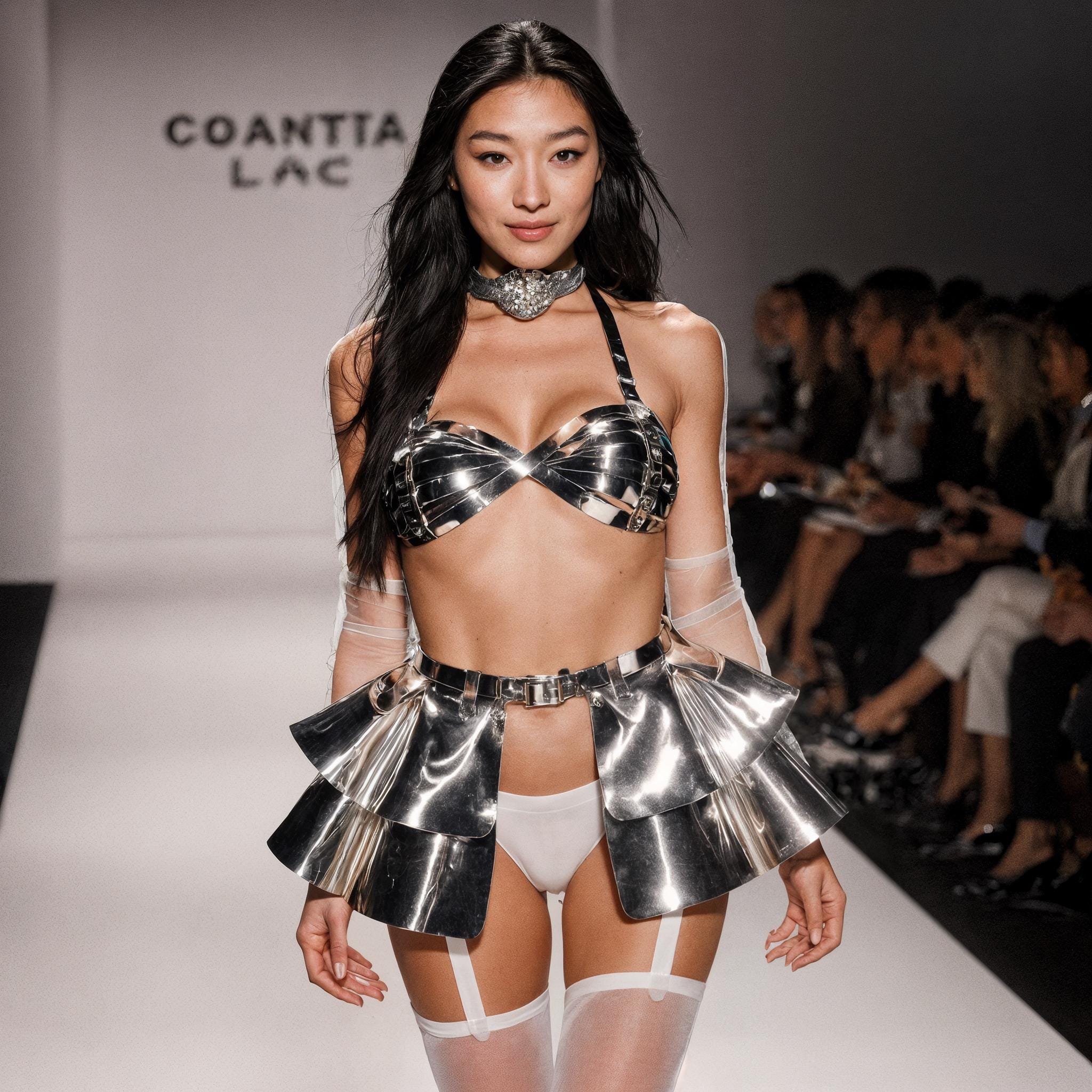 Silver Costume with Bra & Skirt - Chrome Harness Set, Futuristic Pole Dance Wear, Unique Stage Harnesses, Burlesque Dance Basque Silver