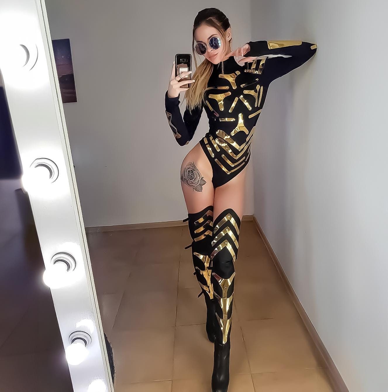 Fashion Dancer Costume Set – Mirror Bodysuit & Over-the-Knee Boots for Stage Shows Performance and Parties