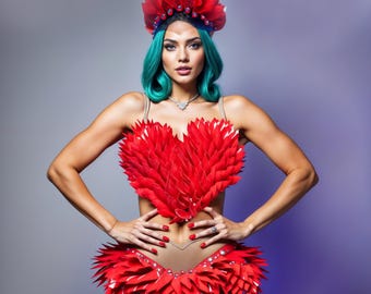 Carnival Dress with Leather Feathers - Crown Headpiece, Top & Skirt, Stage Party Wear, Burlesque Dress, Showgirl Outfit Latex Petals